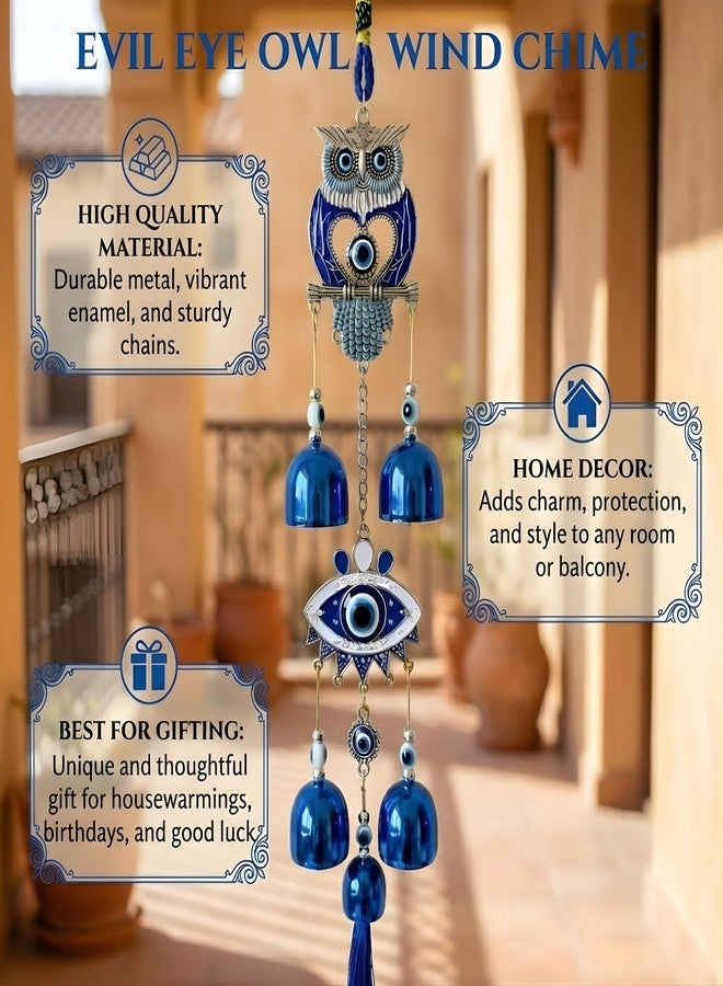 sculpmart OWL & Eye Shaped Evil Eye Wind Chime with Hanging Chain Design & 5 Bells for Main Door & Balcony Hanging for Positivness & Melody Sound (OWL-Eye) - Image 5